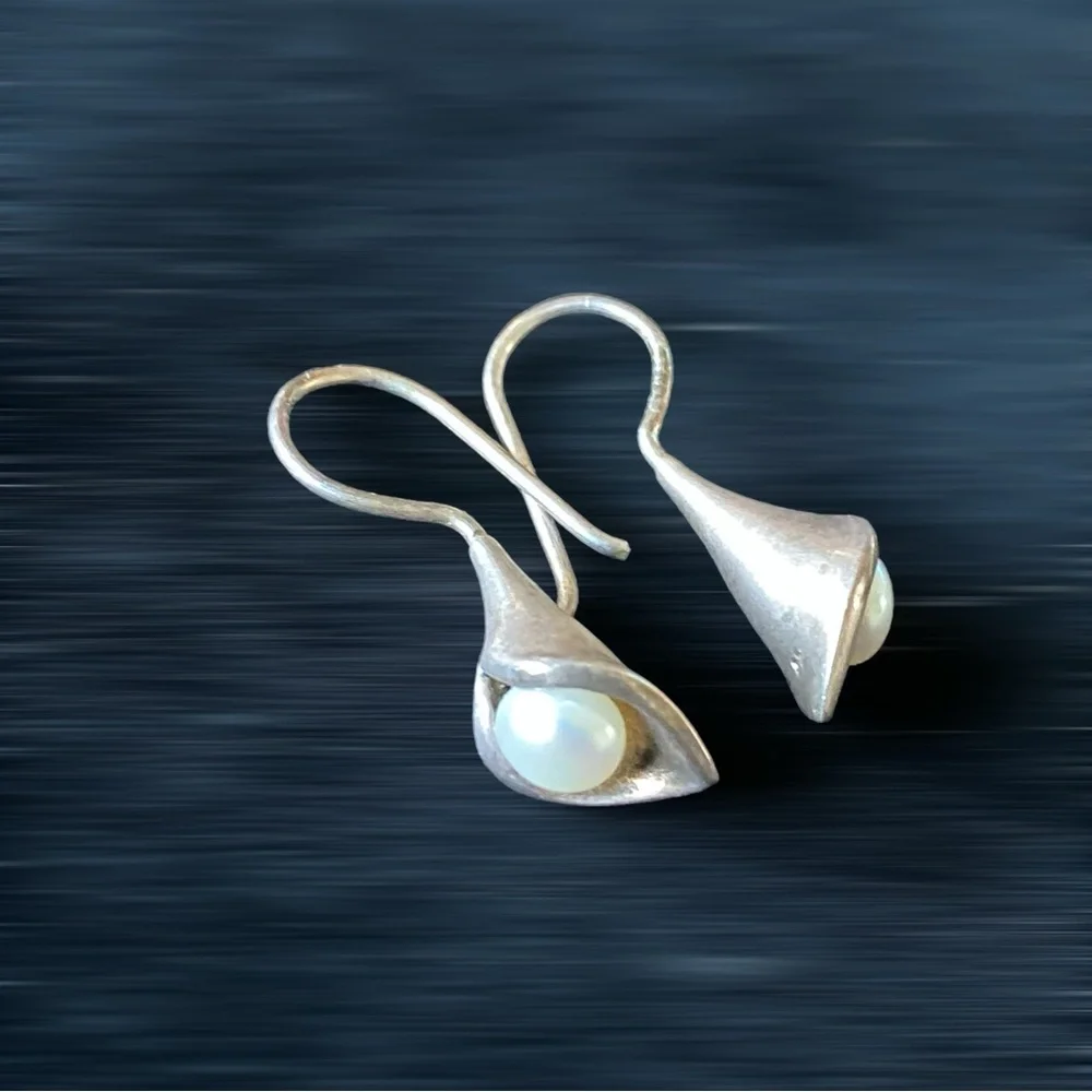 Sterling Silver and Pearl Bugle Shaped Teardrop Earrings